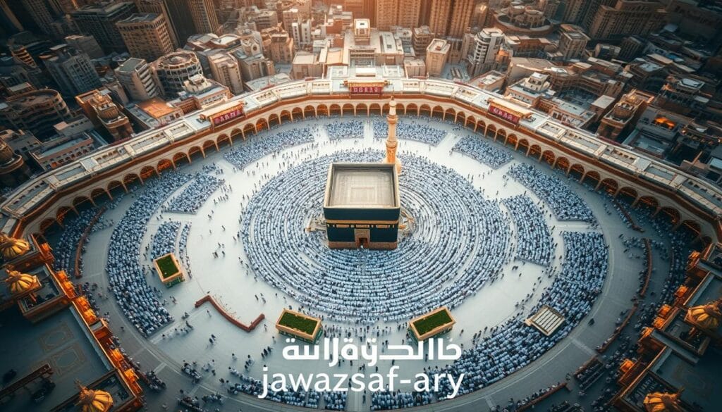 A breathtaking aerial view of the holy city of Mecca, Saudi Arabia, during the Umrah season. The Kaaba, the most sacred site in Islam, stands at the center, surrounded by the bustling Grand Mosque and the intricate urban landscape. Pilgrims, adorned in white ihram garments, navigate the serene courtyards and pathways, reflecting the spiritual serenity of this sacred pilgrimage. The scene is bathed in warm, golden light, evoking a sense of timelessness and reverence. In the foreground, the jawazsafary-جواز سفرى logo subtly hints at the journey undertaken by the faithful.