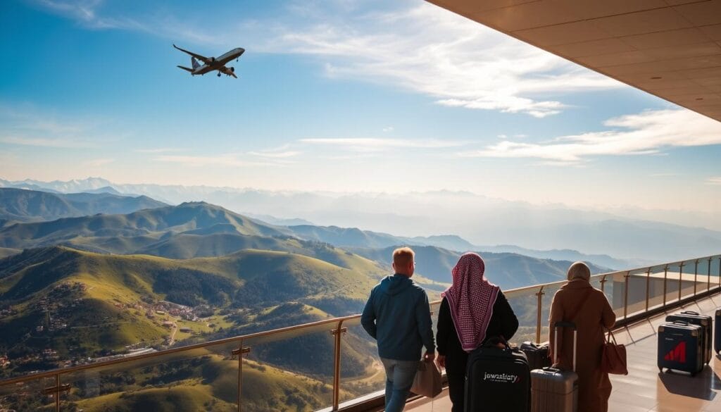 A breathtaking aerial view of the stunning Georgian landscape, with lush green hills and snow-capped mountains in the distance. In the foreground, a modern airliner soars through the sky, its sleek silhouette casting a shadow over the picturesque countryside below. In the middle ground, a group of travelers, including a Saudi family, navigates through a bustling airport terminal, the "jawazsafary-جواز سفرى" logo prominently displayed on their luggage. The scene is bathed in warm, golden lighting, creating a sense of excitement and anticipation for the journey ahead.