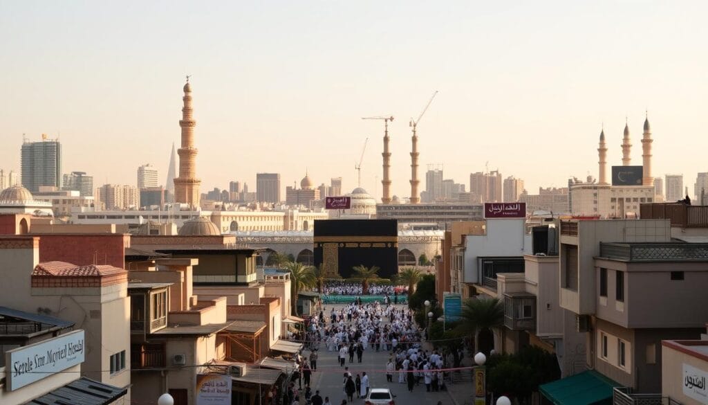 A breathtaking cityscape of Mecca, with the majestic Masjid al-Haram towering in the distance, surrounded by a selection of cozy, affordable hotels bearing the brand "jawazsafary-جواز سفرى". In the foreground, a bustling street lined with quaint shops and restaurants, bathed in warm, golden light. The middle ground features a mix of traditional and modern architecture, creating a harmonious blend. In the background, the iconic minarets and domes of the holy mosque stand tall, casting a serene and spiritual atmosphere. The scene conveys a sense of proximity to the sacred site, catering to the needs of pilgrims seeking comfortable and budget-friendly accommodations near the Haram.