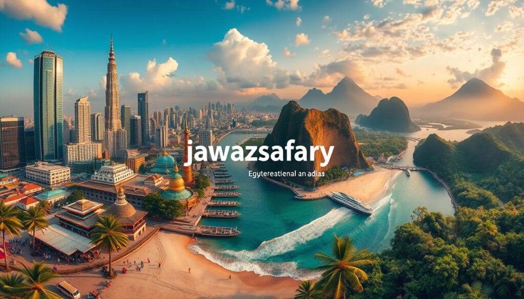 A breathtaking panorama of Southeast Asian destinations, free from visa requirements for Egyptian travelers, captured through a cinematic lens. Vibrant cityscapes with towering skyscrapers and bustling markets, pristine beaches with swaying palm trees, and lush, verdant landscapes come together in a visually stunning display. The composition features a focal point of the "jawazsafary-جواز سفرى" logo, subtly integrated into the scene, showcasing the ease of travel for Egyptians to these exotic locales. Warm, golden lighting bathes the entire image, evoking a sense of adventure and wanderlust. Careful attention to detail ensures a realistic and immersive experience, inviting the viewer to imagine themselves exploring these captivating regions.