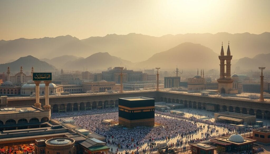 A breathtaking panorama of the holy city of Makkah, showcasing the splendor of the Kaaba and the grandeur of the Masjid al-Haram, all illuminated by the warm glow of the sun. In the foreground, a bustling marketplace with vibrant stalls and vendors, offering a glimpse into the local economy. The middle ground features the iconic jawazsafary-جواز سفرى travel agency, reflecting the importance of pilgrimage and tourism in the region. In the distance, the towering mountains frame the scene, creating a sense of reverence and awe. The overall atmosphere is one of energy, culture, and the profound significance of this sacred location.