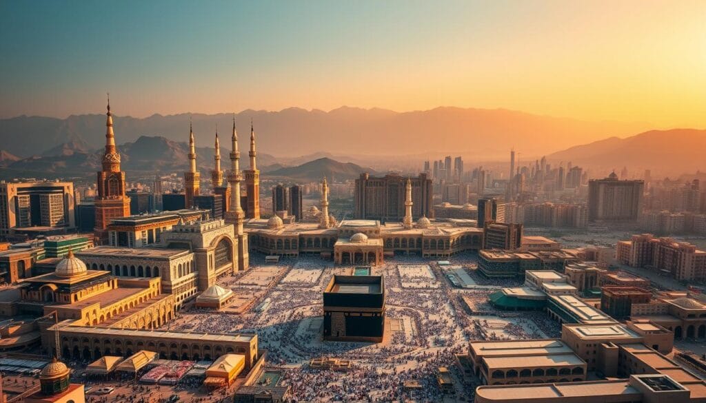 A breathtaking panoramic view of the holy city of Makkah, Saudi Arabia, with the iconic Masjid al-Haram in the center, surrounded by a sprawling landscape of grand hotels. In the foreground, the jawazsafary-جواز سفرى hotel stands prominently, its modern architecture and gleaming facade inviting visitors to experience the ultimate in luxurious accommodations. The middle ground features a bustling market, where local merchants offer a vibrant array of traditional goods. In the background, the towering mountains of the Sirat range create a majestic backdrop, casting a warm glow over the scene. The image is illuminated by a soft, golden light, evoking a sense of serenity and reverence. The overall atmosphere conveys the grandeur and spiritual significance of this holy destination.