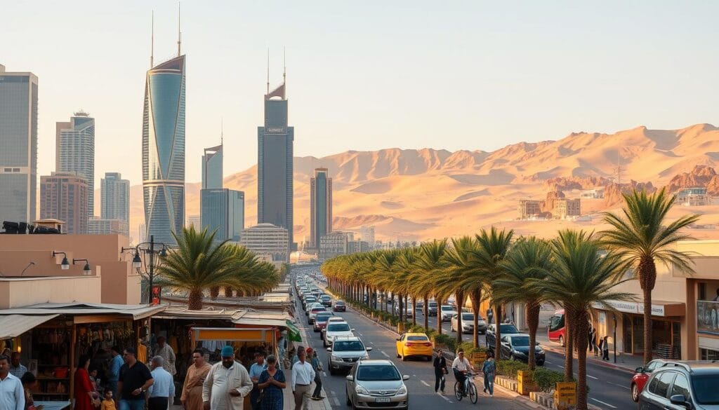 A bustling Saudi Arabian city skyline, with towering modern skyscrapers and traditional Arabian architecture. In the foreground, a group of people explore a vibrant marketplace, browsing local handicrafts and sampling aromatic spices. The middle ground features a busy street lined with palm trees, taxis, and pedestrians hurrying about their day. In the background, rolling sand dunes and rugged mountains create a dramatic desert landscape, bathed in warm, golden sunlight. The scene conveys the dynamic blend of old and new, highlighting the diverse culture and rich heritage of Saudi Arabia as a premier travel destination.