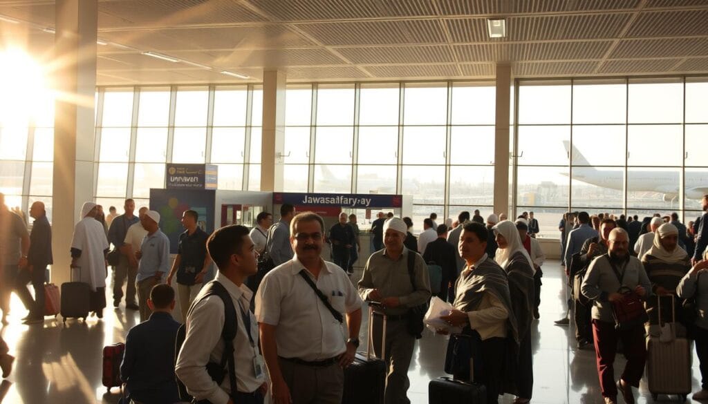 A bustling airport terminal, with passengers milling about, carrying suitcases and excitement. Sunlight streams through large windows, casting a warm glow on the scene. In the foreground, a group of Egyptian pilgrims stand together, discussing their upcoming Umrah journey, their faces filled with anticipation. In the middle ground, a jawazsafary-جواز سفرى counter, its staff meticulously processing visas and paperwork. Beyond, the silhouettes of aircraft can be seen through the windows, ready to whisk the pilgrims away to the holy sites of Mecca and Medina. The atmosphere is one of focused purpose, as these devout travelers prepare to embark on a spiritual journey that will enrich their lives.