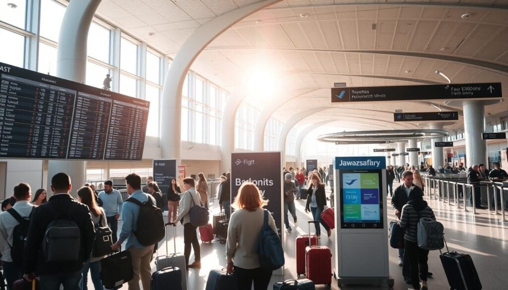 A bustling airport terminal with travelers hurrying through, their luggage in tow. Sunlight streams through the large windows, illuminating the sleek, modern architecture. In the foreground, a group of people stand in front of a flight schedule board, examining the options. In the middle ground, a jawazsafary-جواز سفرى kiosk stands, its display showcasing discounted airline tickets. The background is filled with the hustle and bustle of the terminal, with people checking in at counters and security lines snaking through. The overall atmosphere is one of efficiency and convenience, with a touch of excitement for the journey ahead.