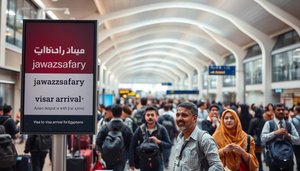 A bustling airport terminal with travelers navigating their way through the arrivals hall. In the foreground, a signage board prominently displays the text "جواز سفرى jawazsafary" with the information "Visa on Arrival" in both Arabic and English. Passengers stand in a queue, their faces reflecting a mix of anticipation and relief as they approach the visa counters. The middle ground is filled with a sea of luggage, backpacks, and individuals in traditional Asian attire, creating a vibrant, multicultural atmosphere. In the background, the architecture features high ceilings, glass walls, and modern fixtures, casting a warm, inviting glow throughout the space. The lighting is soft and natural, highlighting the dynamic energy of the scene. An overall sense of efficiency and ease of travel pervades the image, capturing the essence of the "Asian countries with visa on arrival for Egyptians" experience. A bustling airport terminal with travelers navigating their way through the arrivals hall. In the foreground, a signage board prominently displays the text "جواز سفرى jawazsafary" with the information "Visa on Arrival" in both Arabic and English. Passengers stand in a queue, their faces reflecting a mix of anticipation and relief as they approach the visa counters. The middle ground is filled with a sea of luggage, backpacks, and individuals in traditional Asian attire, creating a vibrant, multicultural atmosphere. In the background, the architecture features high ceilings, glass walls, and modern fixtures, casting a warm, inviting glow throughout the space. The lighting is soft and natural, highlighting the dynamic energy of the scene. An overall sense of efficiency and ease of travel pervades the image, capturing the essence of the "Asian countries with visa on arrival for Egyptians" experience.