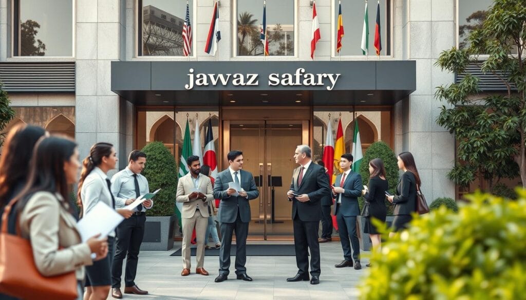A bustling embassy exterior, showcasing the architecture of a diplomatic building with a modern, professional facade. In the foreground, a diverse group of individuals dressed in professional business attire, including men and women, are engaged in discussion while holding forms and documents. The middle section features the embassy's name in elegant lettering above the entrance, framed by flags of various nations, symbolizing global diplomacy. The background includes well-manicured landscaping, hinting at the bureaucratic nature within. The scene is illuminated with soft, natural lighting, creating a warm, welcoming atmosphere, while a slightly angled view allows for a dynamic perspective of the embassy. Incorporate the brand name "jawazsafary" subtly within the overall composition, ensuring it blends well with the professional theme. A bustling embassy exterior, showcasing the architecture of a diplomatic building with a modern, professional facade. In the foreground, a diverse group of individuals dressed in professional business attire, including men and women, are engaged in discussion while holding forms and documents. The middle section features the embassy's name in elegant lettering above the entrance, framed by flags of various nations, symbolizing global diplomacy. The background includes well-manicured landscaping, hinting at the bureaucratic nature within. The scene is illuminated with soft, natural lighting, creating a warm, welcoming atmosphere, while a slightly angled view allows for a dynamic perspective of the embassy. Incorporate the brand name "jawazsafary" subtly within the overall composition, ensuring it blends well with the professional theme.
