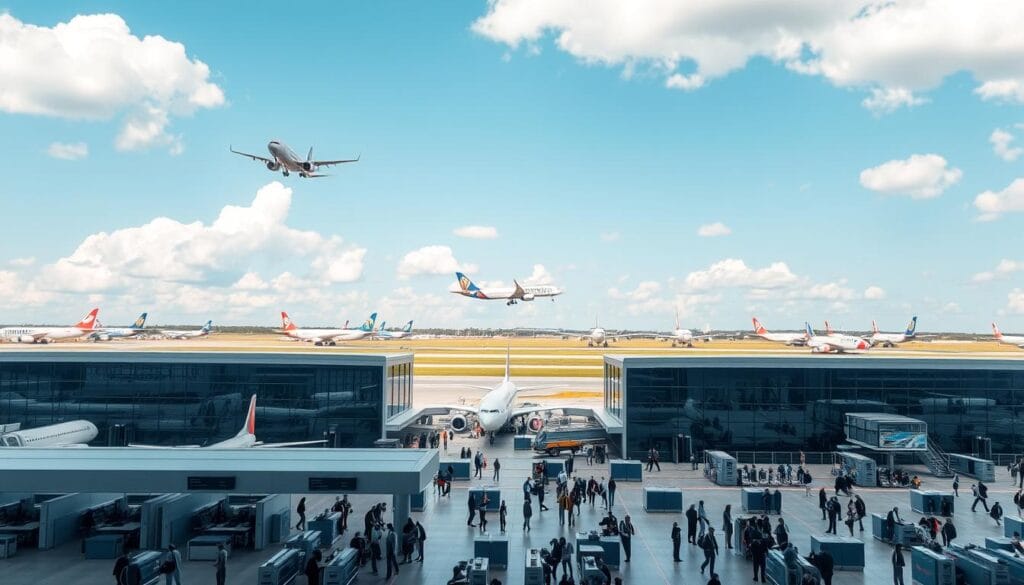 A bustling international airport with a fleet of commercial airliners taking off and landing on the runways. In the foreground, several airline counters and check-in desks, with passengers eagerly awaiting their flights. The middle ground features sleek, modern terminal buildings with large glass windows, allowing natural light to flood the space. In the background, a clear blue sky dotted with fluffy white clouds, creating a serene and inviting atmosphere. The scene conveys the excitement and efficiency of air travel, with a focus on the airlines that facilitate these journeys.