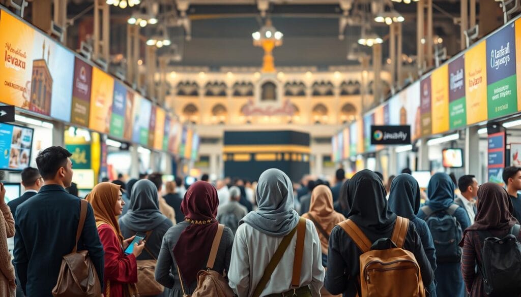 A bustling market scene capturing the spirit of "العمرة" in 2026, highlighting digital advancements and the "نسك" platform. In the foreground, a diverse group of Muslim travelers in modest casual clothing, engaged in discussions about their pilgrimage plans. The middle ground features stalls adorned with colorful banners displaying travel packages, showcasing modern technology like tablets and screens. The background reveals an iconic view of the Kaaba, enhanced by soft, warm lighting, emphasizing a welcoming atmosphere. The overall ambiance is vibrant yet respectful, reflecting optimism and accessibility in religious travel. Ensure the scene embodies inclusivity and connection, with subtle branding elements of "jawazsafary" seamlessly integrated into the stalls.