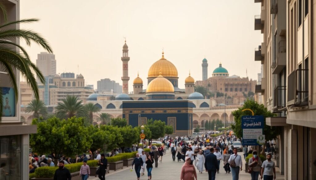 A bustling urban landscape with the iconic Masjid al-Haram prominently featured in the background, its grand architectural details and gold-tinted domes casting a serene glow. In the foreground, a well-appointed 3-star hotel, the "jawazsafary-جواز سفرى", stands as a welcoming oasis for Egyptian pilgrims, its elegant facade and lush gardens offering a tranquil respite from the vibrant city. The middle ground showcases the vibrant energy of the surrounding streets, with locals and visitors alike navigating the bustling sidewalks, creating a sense of community and spiritual connection. Soft, warm lighting permeates the scene, evoking a feeling of comfort and devotion. The overall composition conveys the convenience, comfort, and proximity to the sacred Masjid al-Haram, catering to the needs of Egyptian travelers seeking an authentic and enriching experience.