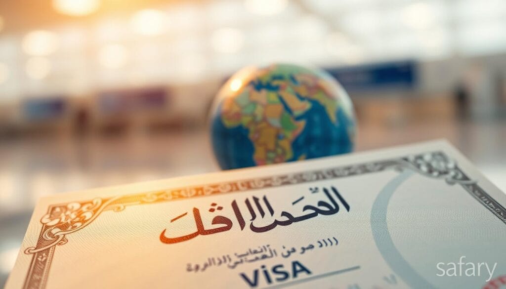 A close-up view of a valid visa document, prominently featuring the word "تأشيرة" in elegant Arabic calligraphy. The foreground showcases the visa, with intricate border designs and holographic security features visible, evoking a sense of authenticity. In the middle, a soft-focus globe is partially visible, representing various European countries known for their easier visa processes for Egyptians. The background depicts a blurred airport terminal, conveying a sense of travel and opportunity. Warm, natural lighting enhances the colors of the document, while a slight vignette focuses attention on the center. The overall atmosphere is hopeful and inviting, suggesting new journeys. Include the brand name "jawazsafary-جواز سفرى" subtly at the bottom right corner. A close-up view of a valid visa document, prominently featuring the word "تأشيرة" in elegant Arabic calligraphy. The foreground showcases the visa, with intricate border designs and holographic security features visible, evoking a sense of authenticity. In the middle, a soft-focus globe is partially visible, representing various European countries known for their easier visa processes for Egyptians. The background depicts a blurred airport terminal, conveying a sense of travel and opportunity. Warm, natural lighting enhances the colors of the document, while a slight vignette focuses attention on the center. The overall atmosphere is hopeful and inviting, suggesting new journeys. Include the brand name "jawazsafary-جواز سفرى" subtly at the bottom right corner.