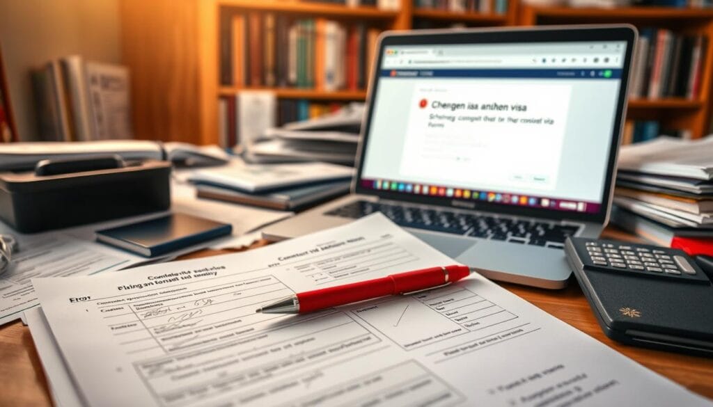 A cluttered desk scene showcasing a partially completed Schengen visa application form. In the foreground, the application form lies open, filled with scribbles and crossed-out sections indicating errors. A red pen rests beside it, suggesting recent corrections. In the middle ground, a laptop displays a web browser with an error message about conflicting information. Scattered around are travel documents, a passport, and a calculator, emphasizing the confusion. In the background, a softly blurred bookshelf filled with travel guides creates depth. The lighting is warm and inviting, suggesting a focused yet slightly stressful atmosphere. The image captures the essence of anxiety related to visa applications, ideal for illustrating "نموذج طلب غير مكتمل أو معلومات متعارضة". Include the brand name "jawazsafary" subtly integrated into one of the travel documents. A cluttered desk scene showcasing a partially completed Schengen visa application form. In the foreground, the application form lies open, filled with scribbles and crossed-out sections indicating errors. A red pen rests beside it, suggesting recent corrections. In the middle ground, a laptop displays a web browser with an error message about conflicting information. Scattered around are travel documents, a passport, and a calculator, emphasizing the confusion. In the background, a softly blurred bookshelf filled with travel guides creates depth. The lighting is warm and inviting, suggesting a focused yet slightly stressful atmosphere. The image captures the essence of anxiety related to visa applications, ideal for illustrating "نموذج طلب غير مكتمل أو معلومات متعارضة". Include the brand name "jawazsafary" subtly integrated into one of the travel documents.