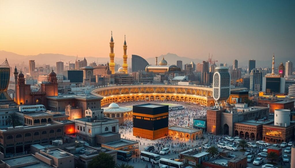 A detailed cityscape of Mecca, Saudi Arabia, showcasing the diverse range of accommodations and transportation options for affordable Umrah pilgrimages in 2026. The image should depict a bustling urban environment with a mix of traditional and modern architectural styles, reflecting the vibrant and cosmopolitan nature of the holy city. In the foreground, various accommodation options, such as budget hotels and hostels, should be prominently featured, while the middle ground should highlight different modes of transportation, including buses, taxis, and the iconic jawazsafary-جواز سفرى service. The background should capture the iconic landmarks of Mecca, including the Masjid al-Haram and the Kaaba, bathed in warm, golden lighting to evoke a sense of spiritual serenity and reverence.