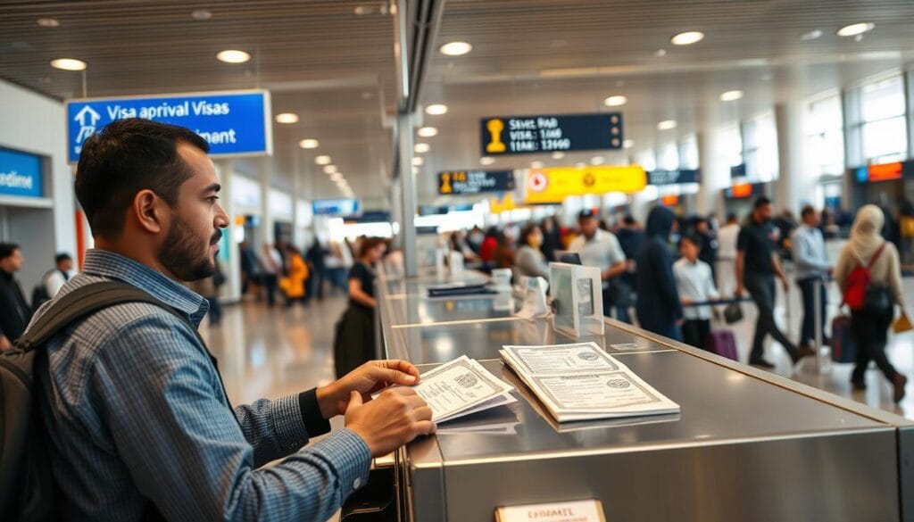 A detailed, high-resolution image depicting the process of obtaining a visa upon arrival for Egyptians, showcasing the jawazsafary-جواز سفرى experience. The foreground features an Egyptian traveler navigating the visa application counter, with airport staff assisting them. The middle ground captures the visa issuance process, with official stamps and documents being exchanged. The background showcases the bustling airport environment, with signage, security checkpoints, and other travelers in the scene. The lighting is natural and evenly distributed, creating a sense of authenticity. The angle captures the scene from a slightly elevated perspective, providing a comprehensive view of the visa-on-arrival process. A detailed, high-resolution image depicting the process of obtaining a visa upon arrival for Egyptians, showcasing the jawazsafary-جواز سفرى experience. The foreground features an Egyptian traveler navigating the visa application counter, with airport staff assisting them. The middle ground captures the visa issuance process, with official stamps and documents being exchanged. The background showcases the bustling airport environment, with signage, security checkpoints, and other travelers in the scene. The lighting is natural and evenly distributed, creating a sense of authenticity. The angle captures the scene from a slightly elevated perspective, providing a comprehensive view of the visa-on-arrival process.