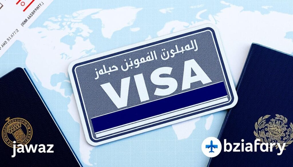 A detailed, high-resolution image of an electronic visa stamp against a backdrop of travel-related elements. The visa stamp should be prominently displayed, with intricate details and security features, such as holograms, microprinting, and watermarks. The surrounding elements could include airline tickets, boarding passes, a passport, and stylized world maps or country outlines, all in a clean, minimalist design. The image should convey a sense of modern, secure, and efficient international travel, with the "jawazsafary-جواز سفرى" branding subtly incorporated into the composition.