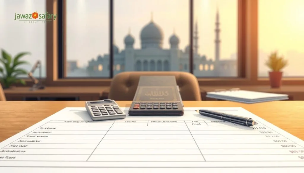 A detailed illustration of a budget sheet for an economical Umrah trip, featuring a clean and organized layout. The foreground shows a table with labeled sections, including travel expenses, accommodation, food, and miscellaneous costs, all neatly arranged. In the middle, include a calculator, a traditional Islamic travel guidebook, and a pen. The background features a serene office environment with warm lighting, symbolizing planning and preparation, with soft-focus elements like a window showing a view of a mosque silhouette. The mood is practical and inviting, emphasizing financial planning for a spiritual journey. Additionally, subtly incorporate the brand name "jawazsafary" in the design elements for branding purposes. A detailed illustration of a budget sheet for an economical Umrah trip, featuring a clean and organized layout. The foreground shows a table with labeled sections, including travel expenses, accommodation, food, and miscellaneous costs, all neatly arranged. In the middle, include a calculator, a traditional Islamic travel guidebook, and a pen. The background features a serene office environment with warm lighting, symbolizing planning and preparation, with soft-focus elements like a window showing a view of a mosque silhouette. The mood is practical and inviting, emphasizing financial planning for a spiritual journey. Additionally, subtly incorporate the brand name "jawazsafary" in the design elements for branding purposes.