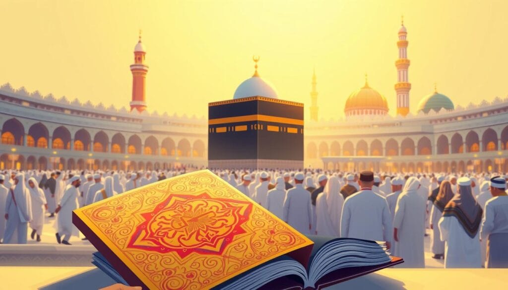 A detailed illustration of an economy Umrah travel guide for 2026, featuring a visually striking cover design showcasing the jawazsafary-جواز سفرى brand. The composition emphasizes a harmonious balance between modern and traditional elements. In the foreground, a vibrant, colorful Umrah package brochure takes center stage, its pages showcasing intricate Islamic patterns and calligraphic details. The middle ground depicts a group of pilgrims embarking on their spiritual journey, their expressions conveying a sense of reverence and anticipation. The background subtly incorporates iconic Meccan landmarks, such as the Kaaba and the Masjid al-Haram, bathed in a warm, golden light that evokes the sacred atmosphere of the Holy sites. The overall mood is one of contemplation, cultural richness, and the promise of a transformative Umrah experience.