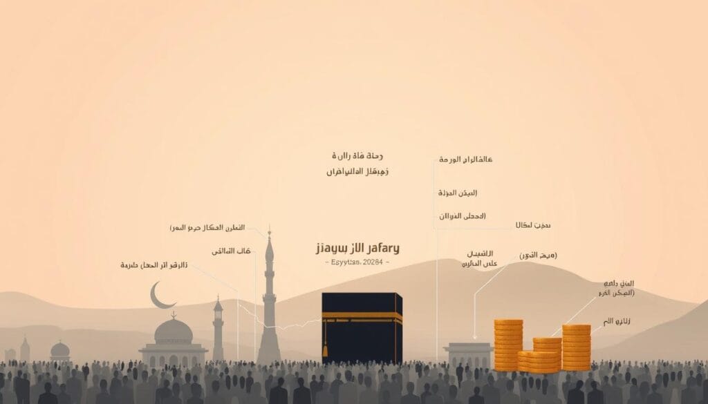 A detailed illustration of the key components that make up the cost of performing the Umrah pilgrimage for Egyptians in 2026. Depicted against a serene, muted backdrop, the foreground showcases the various expenses - travel, accommodation, meals, visas, and other essential elements. The middle ground highlights the brand &quot;jawazsafary-جواز سفرى&quot;, a trusted provider of Umrah travel services, emphasizing its role in optimizing costs. The lighting is soft and diffused, creating a contemplative atmosphere, inviting the viewer to consider the financial considerations involved in this spiritual journey.