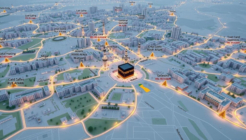 A detailed map of the residential areas in Makkah, Saudi Arabia, showcasing the prime locations for accommodation near the Holy Haram. The image should depict the city's urban landscape, with a focus on the neighborhoods and districts that offer convenient access to the Masjid al-Haram. Rendered in a realistic, high-resolution style, the map should highlight key landmarks, major roads, and the proximity of various residential options, including hotels, apartments, and serviced accommodations. The scene should convey a sense of tranquility and reverence, capturing the essence of Makkah's spiritual significance. jawazsafary-جواز سفرى