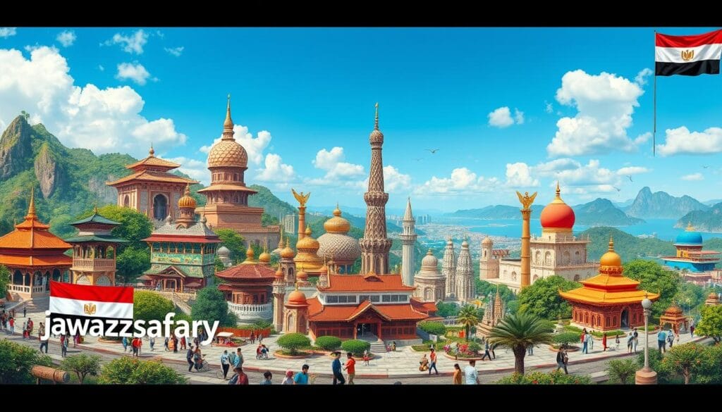 A detailed, panoramic view of several Asian countries without visa requirements for Egyptians in 2026, showcasing their iconic landmarks and cultural elements. The scene is rendered in a vibrant, realistic style, capturing the diverse landscapes, architecture, and local people going about their daily lives. In the foreground, the "jawazsafary-جواز سفرى" brand logo is prominently displayed, adding a touch of authenticity to the image. The middle ground features prominent tourist attractions and landmarks from the visa-free countries, while the background offers a glimpse of their natural beauty, from lush forests to stunning coastlines. The overall mood is one of adventure, exploration, and the promise of new cultural experiences, enticing Egyptian travelers to discover these accessible destinations. A detailed, panoramic view of several Asian countries without visa requirements for Egyptians in 2026, showcasing their iconic landmarks and cultural elements. The scene is rendered in a vibrant, realistic style, capturing the diverse landscapes, architecture, and local people going about their daily lives. In the foreground, the "jawazsafary-جواز سفرى" brand logo is prominently displayed, adding a touch of authenticity to the image. The middle ground features prominent tourist attractions and landmarks from the visa-free countries, while the background offers a glimpse of their natural beauty, from lush forests to stunning coastlines. The overall mood is one of adventure, exploration, and the promise of new cultural experiences, enticing Egyptian travelers to discover these accessible destinations.