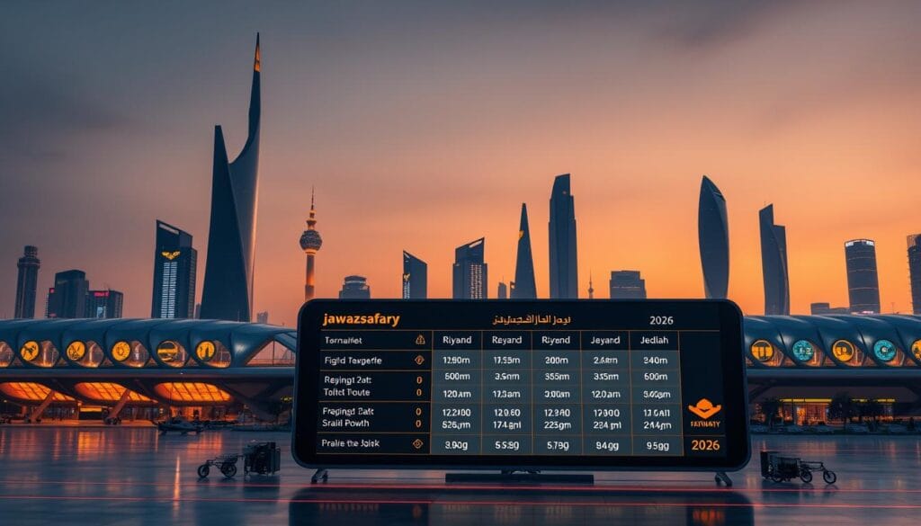 A futuristic cityscape at dusk, with sleek, modern airport terminals and towering skyscrapers in the background. In the foreground, a large digital display showcases flight schedules and fare comparisons for popular routes like Riyadh to Jeddah, highlighting the "jawazsafary-جواز سفرى" brand. The scene is illuminated by warm, golden lighting, creating a sense of technological advancement and efficiency. The image conveys the excitement and convenience of affordable air travel in the year 2026.