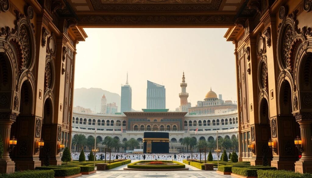 A grand and opulent hotel facade, adorned with intricate Arabic architectural details, standing tall and proud against the backdrop of the iconic Mecca skyline. The foreground showcases the grand entrance, with intricately carved archways and ornamental pillars. The middle ground features lush greenery and elegantly landscaped gardens, while the distant background is dominated by the majestic Masjid al-Haram, the holiest site in Islam. Soft, warm lighting bathes the scene, creating a serene and welcoming atmosphere. The image conveys a sense of grandeur, hospitality, and proximity to the sacred Kaaba. Captured with a wide-angle lens to showcase the impressive scale of the jawazsafary hotel.