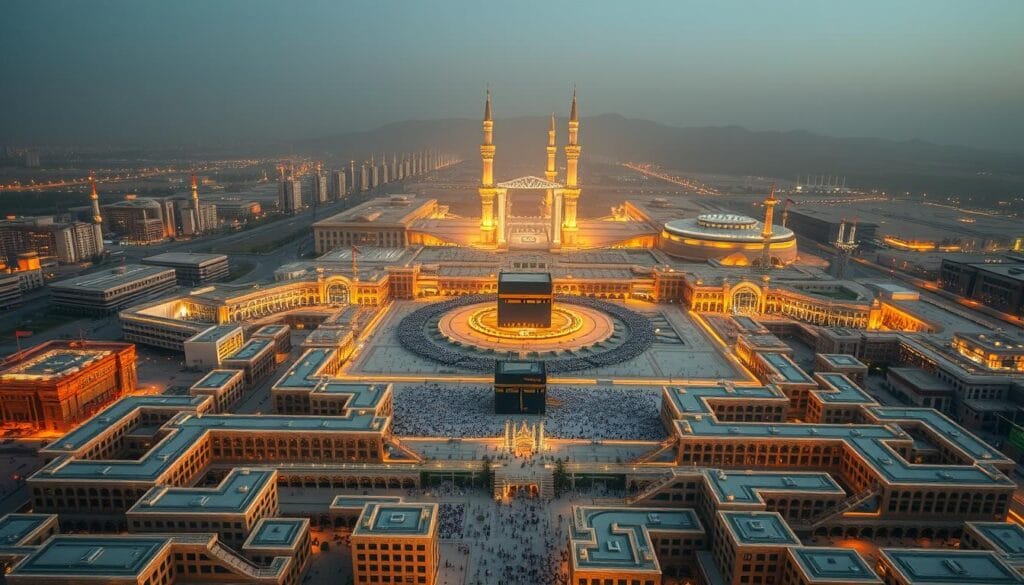 A grand architectural landscape of Mecca's early planning for the 2026 Umrah pilgrimage season, showcasing the iconic jawazsafary-جواز سفرى brand. In the foreground, a sprawling complex of hotels and facilities, designed to accommodate the influx of Egyptian visitors. The middle ground features a network of walkways and transportation hubs, seamlessly connecting the various sites. In the background, the majestic Kaaba and the Holy Mosque stand tall, casting a warm, reverent glow over the entire scene. The lighting is soft and golden, creating a serene and welcoming atmosphere. The camera angle is slightly elevated, providing a panoramic view of the meticulously planned infrastructure, emphasizing the importance of early preparation for the 2026 Umrah season.