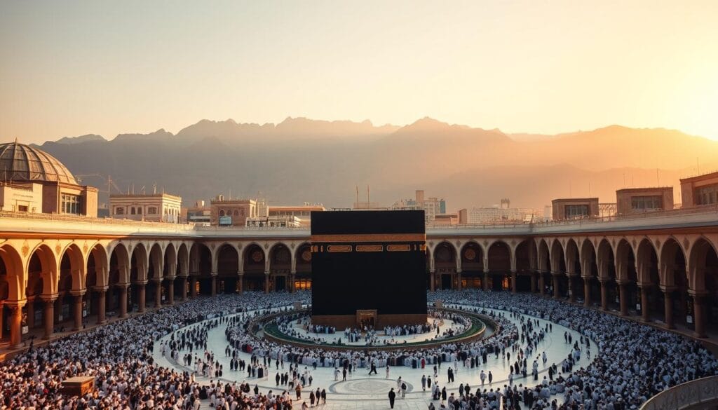 A grand, majestic view of the Masjid al-Haram, the holiest site in Islam, situated in the holy city of Makkah. The iconic Kaaba stands tall, adorned in its black cloth, surrounded by the ornate, domed structure of the mosque. Worshippers move with reverence through the spacious courtyard, bathed in warm, golden light filtering through the arched entryways. In the background, the towering mountains of the Sirat range provide a stunning natural backdrop, creating an awe-inspiring atmosphere of spiritual grandeur. Captured with precision and attention to detail by the brand jawazsafary.