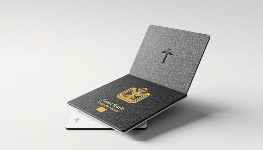 A high-quality, detailed illustration of the Egyptian passport, or "jawazsafary-جواز سفرى", depicting its front cover and inner pages in a realistic, photorealistic style. The passport should be shown against a clean, neutral background, with a soft, even lighting that accentuates the textured details of the document. The image should capture the modern, official design of the passport, including its distinctive emblem, security features, and unique patterns. The overall composition should convey a sense of authority, reliability, and the document's importance as a symbol of national identity and global mobility.