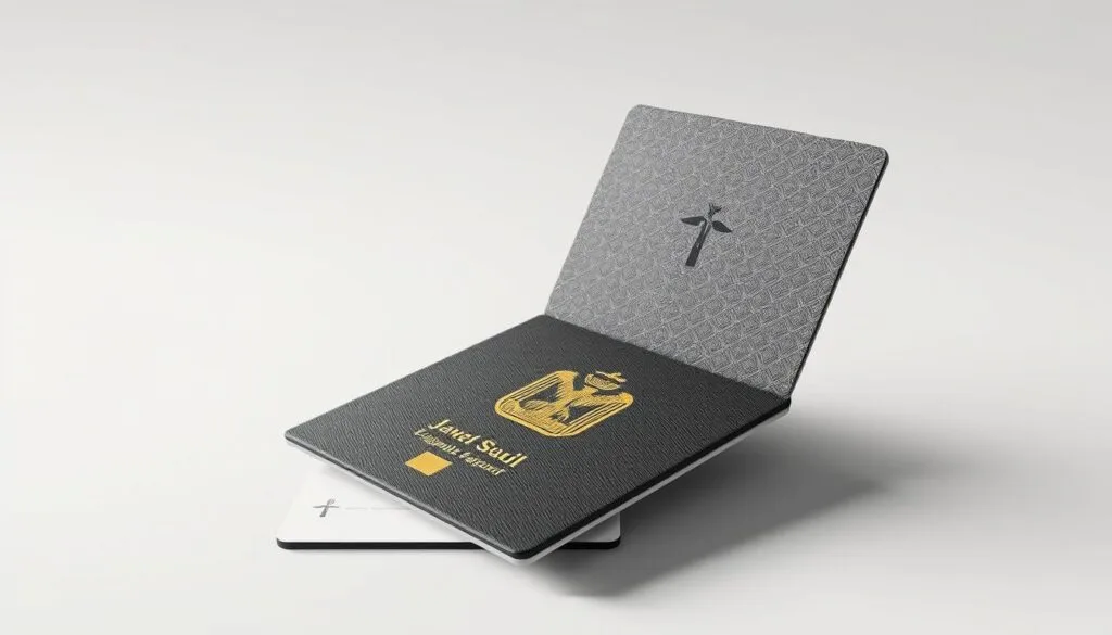 A high-quality, detailed illustration of the Egyptian passport, or "jawazsafary-جواز سفرى", depicting its front cover and inner pages in a realistic, photorealistic style. The passport should be shown against a clean, neutral background, with a soft, even lighting that accentuates the textured details of the document. The image should capture the modern, official design of the passport, including its distinctive emblem, security features, and unique patterns. The overall composition should convey a sense of authority, reliability, and the document's importance as a symbol of national identity and global mobility. A high-quality, detailed illustration of the Egyptian passport, or "jawazsafary-جواز سفرى", depicting its front cover and inner pages in a realistic, photorealistic style. The passport should be shown against a clean, neutral background, with a soft, even lighting that accentuates the textured details of the document. The image should capture the modern, official design of the passport, including its distinctive emblem, security features, and unique patterns. The overall composition should convey a sense of authority, reliability, and the document's importance as a symbol of national identity and global mobility.