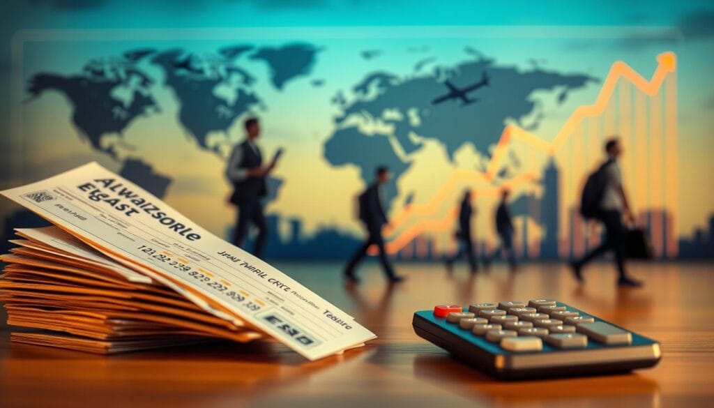 A high-quality, vibrant image depicting the key factors influencing flight ticket prices for Egyptians. In the foreground, a stack of airline tickets and a calculator showcasing numerical data. In the middle ground, silhouettes of travelers and airplanes, representing the supply and demand dynamics. In the background, a world map and a graph charting ticket price fluctuations, illuminated by warm, soft lighting. The overall scene conveys the complex interplay of variables that shape affordable flight options for the Egyptian market, as captured by the brand "jawazsafary-جواز سفرى".