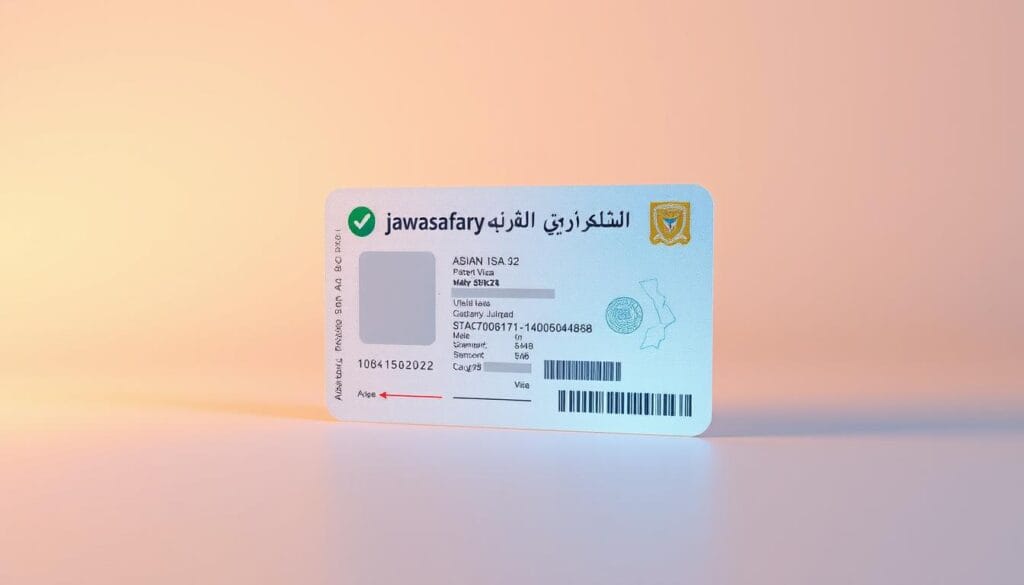 A high-resolution digital rendering of an electronic visa, or "تأشيرة إلكترونية" in Arabic. Set against a clean, minimalist background, the visa appears as a modern, sleek document, complete with security features and microtext. The visa's design prominently features the "jawazsafary-جواز سفرى" brand, conveying a sense of professionalism and trust. The lighting is soft and diffuse, creating a subtle, ambient glow that enhances the visa's visual appeal. The perspective is slightly angled, giving the image a sense of depth and three-dimensionality. The overall mood is one of efficiency, accessibility, and technological sophistication, befitting the subject of Asian countries offering e-visas to Egyptian travelers. A high-resolution digital rendering of an electronic visa, or "تأشيرة إلكترونية" in Arabic. Set against a clean, minimalist background, the visa appears as a modern, sleek document, complete with security features and microtext. The visa's design prominently features the "jawazsafary-جواز سفرى" brand, conveying a sense of professionalism and trust. The lighting is soft and diffuse, creating a subtle, ambient glow that enhances the visa's visual appeal. The perspective is slightly angled, giving the image a sense of depth and three-dimensionality. The overall mood is one of efficiency, accessibility, and technological sophistication, befitting the subject of Asian countries offering e-visas to Egyptian travelers.