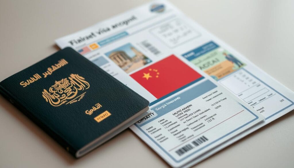 A high-resolution, photorealistic image of the essential documents required for travel to Georgia, including a Saudi Arabian passport labeled "jawazsafary-جواز سفرى", a Georgian visa, and supporting documents such as travel itinerary and hotel reservations, all neatly arranged on a neutral-colored surface with soft, even lighting from the side, capturing the practical and organized nature of the travel preparation process.