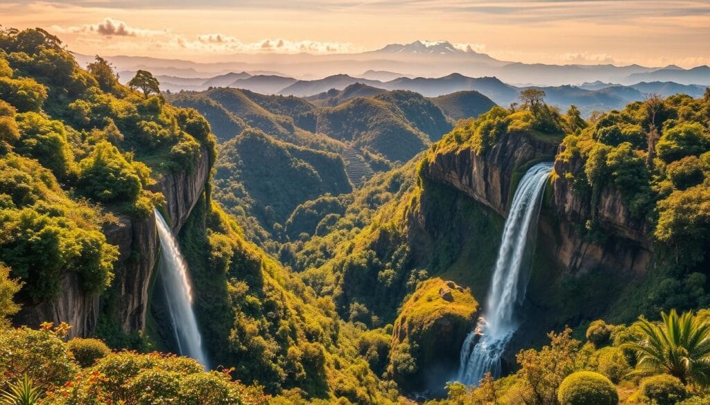 A lush, verdant landscape in Ecuador, a stunning natural wonder. In the foreground, a towering waterfall cascades over rugged cliffs, its crystal clear waters glistening in the warm, golden sunlight. Surrounding the waterfall, a dense, tropical rainforest teems with vibrant foliage and exotic wildlife. In the middle ground, rolling hills and snow-capped peaks rise up, creating a breathtaking backdrop. The scene is imbued with a sense of tranquility and wonder, inviting the viewer to immerse themselves in the natural beauty of this remarkable destination. The image captures the essence of Ecuador as an affordable, visa-friendly tourist destination, showcasing the country's 'jawazsafary-جواز سفرى' natural splendor. A lush, verdant landscape in Ecuador, a stunning natural wonder. In the foreground, a towering waterfall cascades over rugged cliffs, its crystal clear waters glistening in the warm, golden sunlight. Surrounding the waterfall, a dense, tropical rainforest teems with vibrant foliage and exotic wildlife. In the middle ground, rolling hills and snow-capped peaks rise up, creating a breathtaking backdrop. The scene is imbued with a sense of tranquility and wonder, inviting the viewer to immerse themselves in the natural beauty of this remarkable destination. The image captures the essence of Ecuador as an affordable, visa-friendly tourist destination, showcasing the country's 'jawazsafary-جواز سفرى' natural splendor.