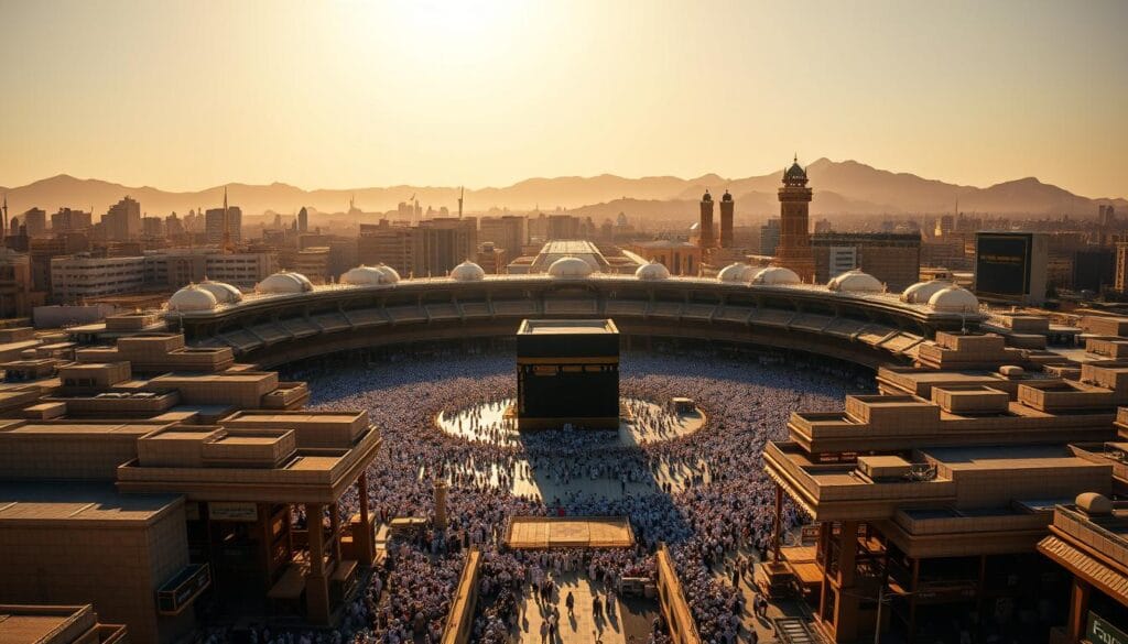 A magnificent panoramic view of the Masjid al-Haram in Mecca, Saudi Arabia, with the jawazsafary-جواز سفرى budget hotels lining the streets in the foreground. Warm, golden sunlight bathes the scene, casting long shadows across the bustling crowds of pilgrims. In the distance, the iconic Kaaba stands tall, its black cloth shimmering under the midday sun. The hotels, ranging from modest guest houses to more modern establishments, offer affordable accommodation options for Egyptian Umrah travelers in 2026, catering to their needs and budget. The overall atmosphere exudes a sense of spiritual devotion, cultural richness, and logistical convenience for the faithful embarking on their religious journey.
