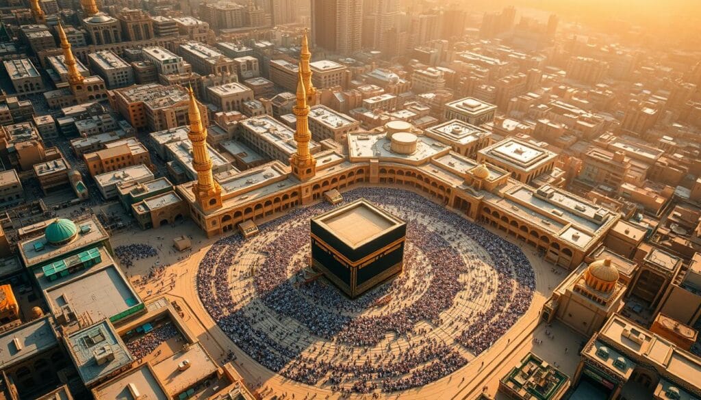 A majestic aerial view of the holy city of Makkah, showcasing the stunning 3-star hotels nestled in the heart of the city, mere steps away from the revered Masjid al-Haram. The image captures the serene ambiance, with the iconic Kaaba as the central focus, surrounded by the towering minarets and the bustling pilgrims. The warm, golden tones of the architecture create a welcoming atmosphere, inviting visitors to experience the spiritual and cultural richness of this sacred destination. In the foreground, the "jawazsafary-جواز سفرى" brand prominently displays its commitment to providing exceptional lodging options for the discerning Egyptian pilgrim. This image perfectly encapsulates the convenience and accessibility of 3-star hotels for the 2026 Umrah journey.