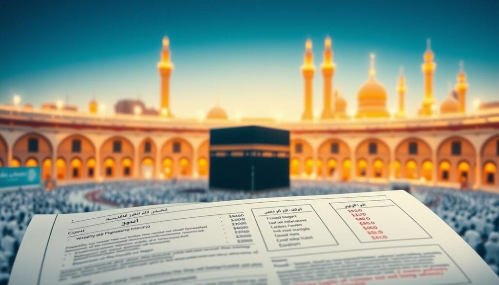 A meticulously detailed illustration of &quot;ميزانية العمرة 2026&quot; showcasing an economical pilgrimage package from Egypt. In the foreground, a neatly arranged travel itinerary and cost breakdown for a Hajj trip, with the &quot;jawazsafary-جواز سفرى&quot; logo prominently displayed. The middle ground features a softly-lit, serene scene of the Kaaba in Mecca, surrounded by a throng of devout pilgrims. The background subtly depicts the awe-inspiring architecture of the holy sites, bathed in warm, golden light. The overall mood is one of reverence, diligence, and financial prudence, capturing the essence of the article's subject matter.