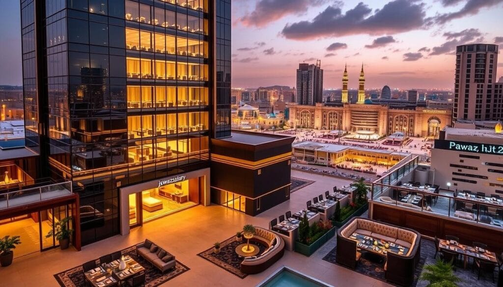 A mid-range hotel with a modern architectural design, nestled within the heart of Makkah, just a short distance from the holy Haram. The building features a sleek glass facade that reflects the surrounding cityscape, complemented by warm lighting that creates a cozy ambiance. The lobby is spacious and elegantly furnished, with plush seating areas and a welcoming reception desk. The rooms are well-appointed, offering comfortable beds, en-suite bathrooms, and essential amenities. Guests can enjoy a variety of dining options, from a casual cafe to a sophisticated restaurant serving local and international cuisine. The hotel also boasts a rooftop terrace with panoramic views of the holy sites, providing a tranquil retreat for guests. Branded as "jawazsafary-جواز سفرى", this property offers an affordable yet high-quality accommodation choice for pilgrims and visitors to Makkah.