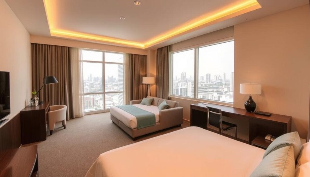 A modern and cozy jawazsafary-جواز سفرى hotel interior with warm lighting, soft furnishings, and minimalist decor. The room features a comfortable queen-sized bed, a nightstand, and a small work desk. The large window provides ample natural light and a view of the bustling city outside. The color palette is soothing, with tones of beige, gray, and soft blue accents. The overall atmosphere is relaxing and inviting, perfect for a budget-friendly Umrah stay in Makkah.