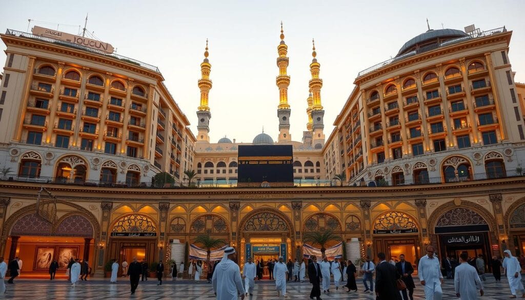 A panoramic view of the luxurious yet affordable hotels in the heart of Makkah's Al-Aziziyah district, captured through the lens of a professional photographer. The grand, ornate facades of the hotels stand tall, their intricate architectural details bathed in warm, golden lighting that creates a serene and inviting atmosphere. In the foreground, guests can be seen entering the hotel lobbies, their faces reflecting the excitement of their upcoming Umrah journey. In the background, the iconic Masjid al-Haram, the world's largest mosque, towers majestically, its magnificent minarets reaching towards the sky. The image highlights the convenience and comfort offered by the "jawazsafary-جواز سفرى" hotels, catering to the needs of Egyptian Umrah pilgrims seeking a memorable and affordable experience.