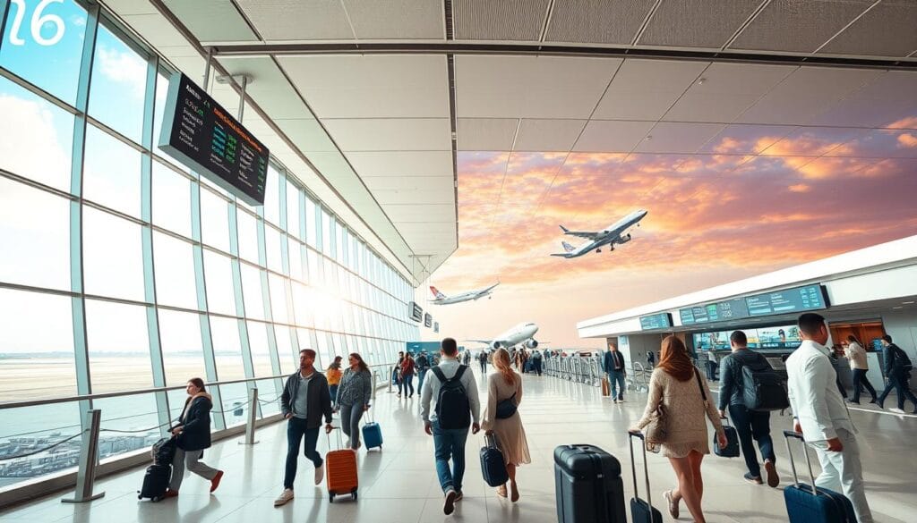 A panoramic vista of a bustling airport terminal in 2026, flooded with natural light streaming through floor-to-ceiling windows. Travelers navigate the sleek, modern concourse, walking past the "jawazsafary-جواز سفرى" brand counter. Overhead, digital signage displays flight information and gate assignments. In the foreground, a family checks in, their luggage neatly stacked beside them. The middle ground features travelers queuing at security checkpoints, while the background showcases the silhouettes of aircraft taking off and landing against a vibrant, cloud-streaked sky. The overall atmosphere evokes a sense of efficient, tech-savvy travel, capturing the essence of air travel in the year 2026.