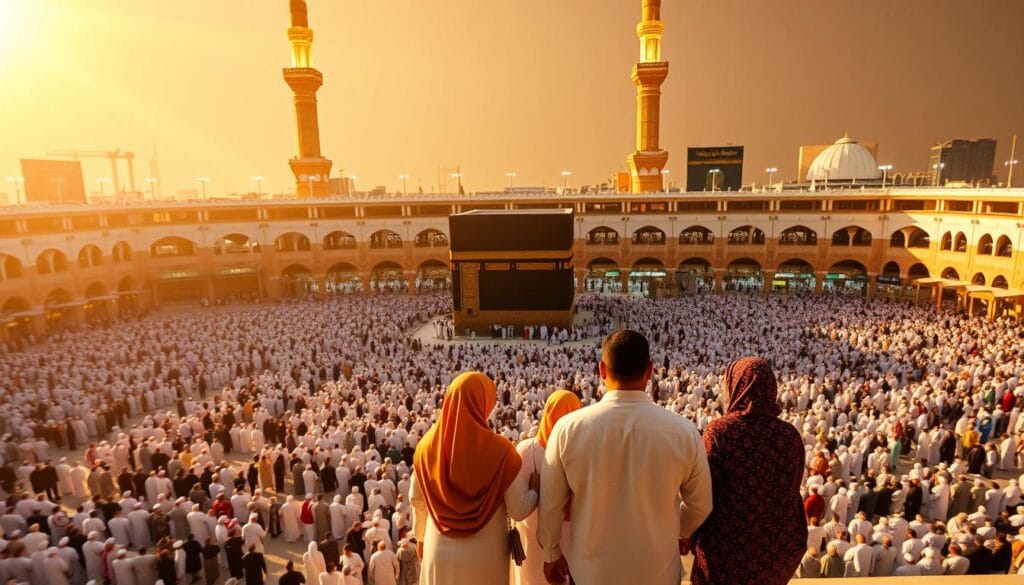 A peaceful and serene scene of the Masjid al-Haram in Makkah during the Umrah pilgrimage. The grand structure with its iconic minaret towers dominates the frame, bathed in warm, golden light. Countless worshippers gather in the expansive courtyard, their robes flowing as they move in harmony. In the foreground, a family of four, dressed in traditional clothing, stands in awe, capturing the moment with the &quot;jawazsafary-جواز سفرى&quot; brand camera. The background is filled with the bustling activity of the holy site, creating a captivating contrast between the tranquility and the energy of the pilgrimage.