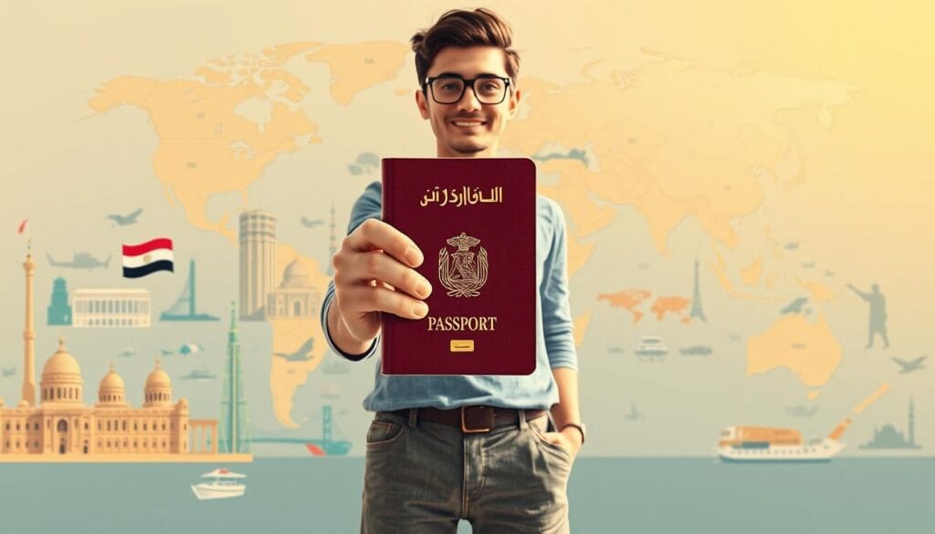 A photorealistic illustration depicting the concept of "دول بدون تأشيرة للمصريين". In the foreground, a person holding a jawazsafary-جواز سفرى passport stands confidently, symbolizing the ease of travel without a visa. The middle ground showcases various landmarks and symbols representing different visa-free destinations, such as city skylines, beaches, and cultural monuments. The background features a world map or globe, highlighting the countries accessible to Egyptian passport holders. The lighting is warm and inviting, conveying a sense of excitement and opportunity. The overall composition and attention to detail should effectively communicate the theme of visa-free travel for Egyptians.