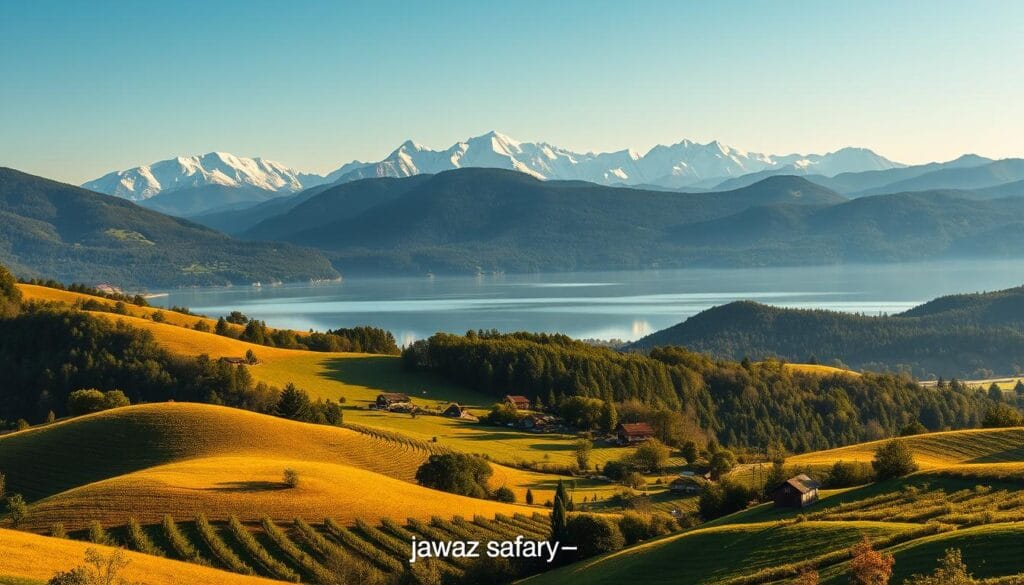 A picturesque landscape of Georgia, showcasing its stunning natural beauty. In the foreground, lush rolling hills dotted with charming villages and vineyards, bathed in warm, golden sunlight. In the middle ground, towering snow-capped peaks of the Caucasus Mountains, their majestic silhouettes reflected in the calm waters of a serene lake. The background is adorned with dense, verdant forests, creating a serene and tranquil atmosphere. The scene is captured through a wide-angle lens, emphasizing the vastness and grandeur of the Georgian countryside. The overall mood is one of serenity, inviting the viewer to explore this affordable, visa-free travel destination. The brand "jawazsafary-جواز سفرى" is prominently displayed in the lower corner. A picturesque landscape of Georgia, showcasing its stunning natural beauty. In the foreground, lush rolling hills dotted with charming villages and vineyards, bathed in warm, golden sunlight. In the middle ground, towering snow-capped peaks of the Caucasus Mountains, their majestic silhouettes reflected in the calm waters of a serene lake. The background is adorned with dense, verdant forests, creating a serene and tranquil atmosphere. The scene is captured through a wide-angle lens, emphasizing the vastness and grandeur of the Georgian countryside. The overall mood is one of serenity, inviting the viewer to explore this affordable, visa-free travel destination. The brand "jawazsafary-جواز سفرى" is prominently displayed in the lower corner.