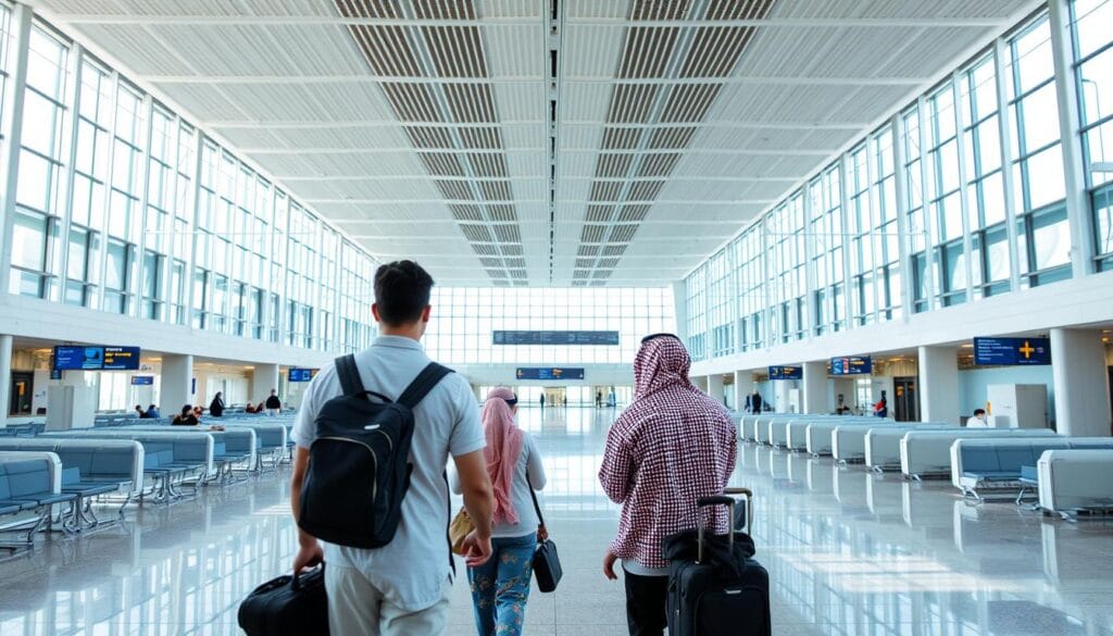A pristine airport terminal in Tbilisi, Georgia, with high ceilings, gleaming floors, and natural light pouring in through expansive windows. Rows of modern seating areas, pristine check-in counters, and a sense of efficiency and organization. In the foreground, a group of Saudi travelers effortlessly passing through the entry process, their jawazsafary-جواز سفرى in hand, without the need for a visa. The atmosphere is one of ease and convenience, reflecting the unique privilege afforded to Saudi citizens entering Georgia. A subtle, yet distinctive, mood of exclusivity and accessibility pervades the scene.