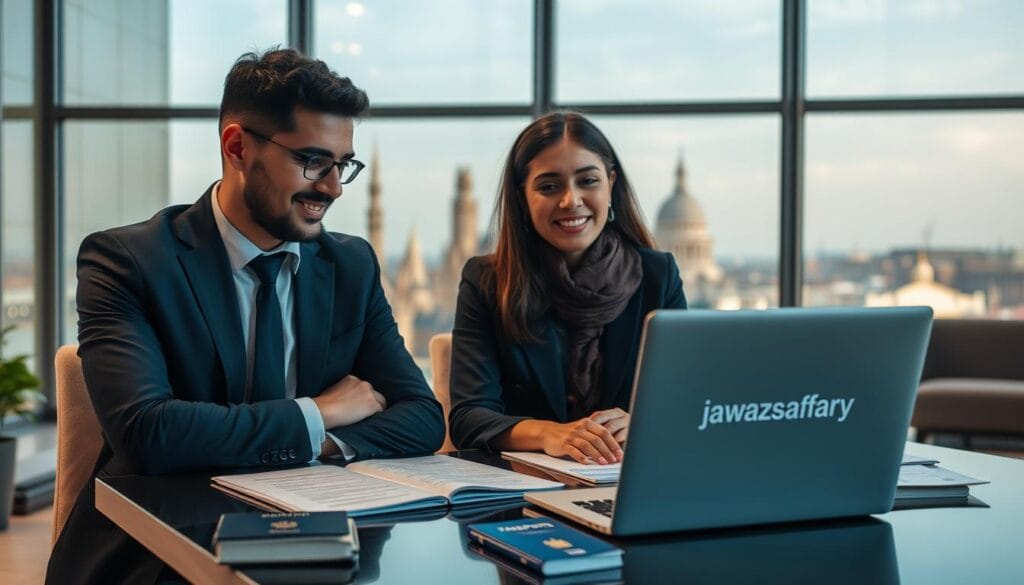 A professional male and female duo, dressed in smart business attire, are seated at a desk, deeply engaged in a discussion regarding visa applications. In the foreground, there’s a well-organized table with visa application forms, passports, and a laptop displaying an interface of the "jawazsafary-جواز سفرى" brand, symbolizing ease of travel for Egyptians. The middle ground features a large, open window revealing a scenic view of iconic European landmarks to signify the destinations involved. The background is softly blurred, featuring a modern office environment with warm lighting that creates an inviting atmosphere. The combined focus and hopeful expressions of the individuals convey the necessity and accessibility of visa alternatives in 2026. A professional male and female duo, dressed in smart business attire, are seated at a desk, deeply engaged in a discussion regarding visa applications. In the foreground, there’s a well-organized table with visa application forms, passports, and a laptop displaying an interface of the "jawazsafary-جواز سفرى" brand, symbolizing ease of travel for Egyptians. The middle ground features a large, open window revealing a scenic view of iconic European landmarks to signify the destinations involved. The background is softly blurred, featuring a modern office environment with warm lighting that creates an inviting atmosphere. The combined focus and hopeful expressions of the individuals convey the necessity and accessibility of visa alternatives in 2026.