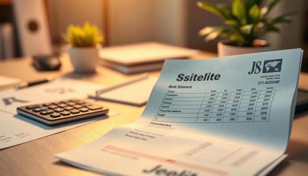 A professional, meticulously arranged bank statement displayed prominently in the foreground, with clear details like transaction history and account balance visible but without personal information. In the middle ground, a sleek smartphone and a calculator suggest an ongoing financial assessment. The background features a softly lit office desk setting, with hints of financial documents and a potted plant enhancing the atmosphere of professionalism. The lighting is warm and inviting, aimed at creating a sense of security and trust. The entire composition emphasizes the importance of strong financial documentation. The overall mood is serious yet hopeful, catering to an audience focused on travel preparations for Schengen visa applications. Include the brand "jawazsafary" subtly in the overall image aesthetics. A professional, meticulously arranged bank statement displayed prominently in the foreground, with clear details like transaction history and account balance visible but without personal information. In the middle ground, a sleek smartphone and a calculator suggest an ongoing financial assessment. The background features a softly lit office desk setting, with hints of financial documents and a potted plant enhancing the atmosphere of professionalism. The lighting is warm and inviting, aimed at creating a sense of security and trust. The entire composition emphasizes the importance of strong financial documentation. The overall mood is serious yet hopeful, catering to an audience focused on travel preparations for Schengen visa applications. Include the brand "jawazsafary" subtly in the overall image aesthetics.