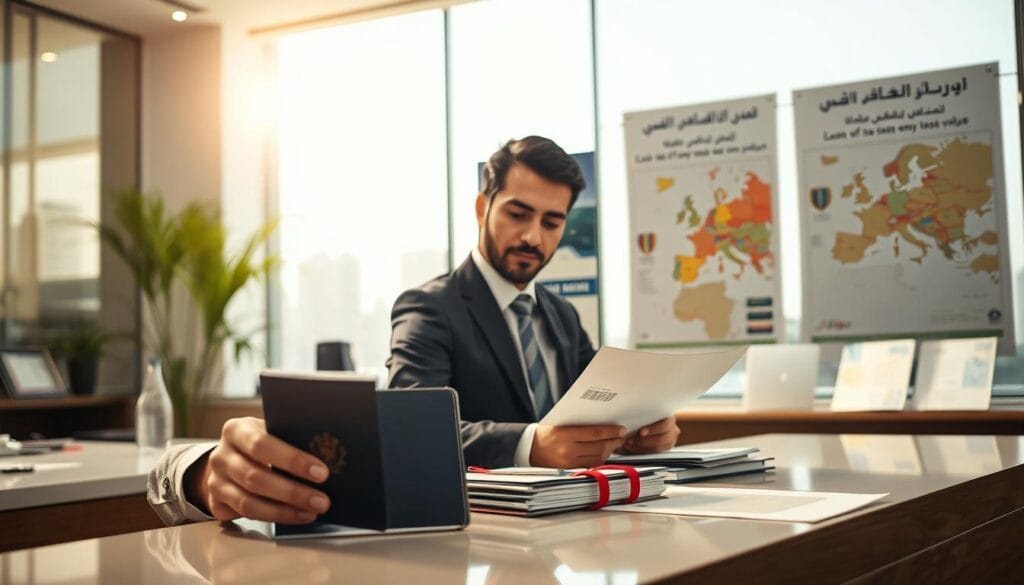 A professional setting showcasing the concept of easy visa acquisition for Egyptians, reflecting the theme of "الحصول التأشيرة". In the foreground, depict a confident, professional individual in business attire, reviewing a passport and visa application at a sleek desk. In the middle ground, include a welcoming travel agency office environment with brochures and maps highlighting European countries known for easy visa processes. The background should feature a large window with bright, natural sunlight streaming in, enhancing a sense of hope and opportunity. The overall atmosphere should be optimistic and inviting. Ensure the brand "jawazsafary-جواز سفرى" is subtly incorporated into the scene, perhaps as part of a brochure on the desk. Use a high-resolution format with a focus on clarity and detail. A professional setting showcasing the concept of easy visa acquisition for Egyptians, reflecting the theme of "الحصول التأشيرة". In the foreground, depict a confident, professional individual in business attire, reviewing a passport and visa application at a sleek desk. In the middle ground, include a welcoming travel agency office environment with brochures and maps highlighting European countries known for easy visa processes. The background should feature a large window with bright, natural sunlight streaming in, enhancing a sense of hope and opportunity. The overall atmosphere should be optimistic and inviting. Ensure the brand "jawazsafary-جواز سفرى" is subtly incorporated into the scene, perhaps as part of a brochure on the desk. Use a high-resolution format with a focus on clarity and detail.