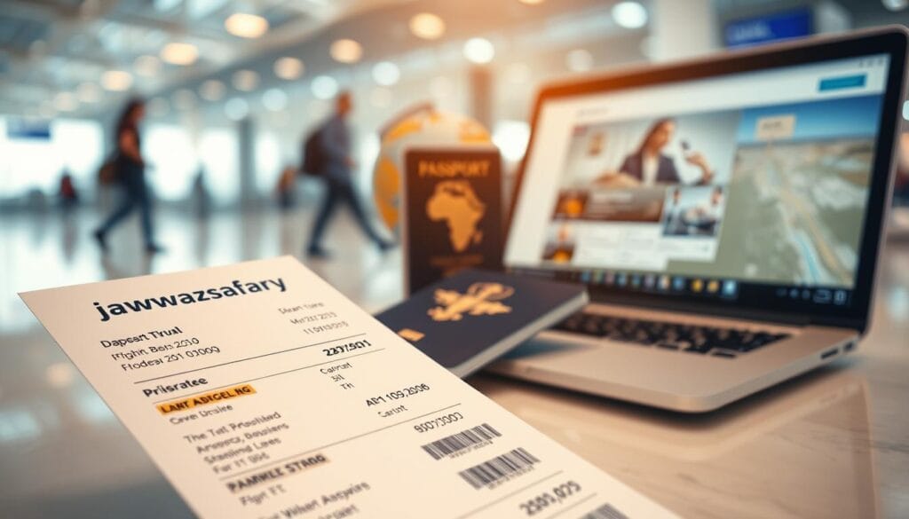 A realistic and compelling scene of an airplane ticket or flight reservation, prominently featuring the brand name "jawazsafary." In the foreground, a detailed close-up of a printed flight itinerary with visible details like departure and arrival cities, flight times, and a date in a crisp, readable font. In the middle ground, an aesthetically arranged travel setup including a passport, a globe, and a laptop displaying a travel booking website, suggesting a sense of planning and adventure. The background should reveal an airport terminal softly blurred, with travelers moving to enhance the atmosphere of bustling travel. Use bright, natural lighting to create an optimistic mood, focusing on freshness and the thrill of exploration. A realistic and compelling scene of an airplane ticket or flight reservation, prominently featuring the brand name "jawazsafary." In the foreground, a detailed close-up of a printed flight itinerary with visible details like departure and arrival cities, flight times, and a date in a crisp, readable font. In the middle ground, an aesthetically arranged travel setup including a passport, a globe, and a laptop displaying a travel booking website, suggesting a sense of planning and adventure. The background should reveal an airport terminal softly blurred, with travelers moving to enhance the atmosphere of bustling travel. Use bright, natural lighting to create an optimistic mood, focusing on freshness and the thrill of exploration.