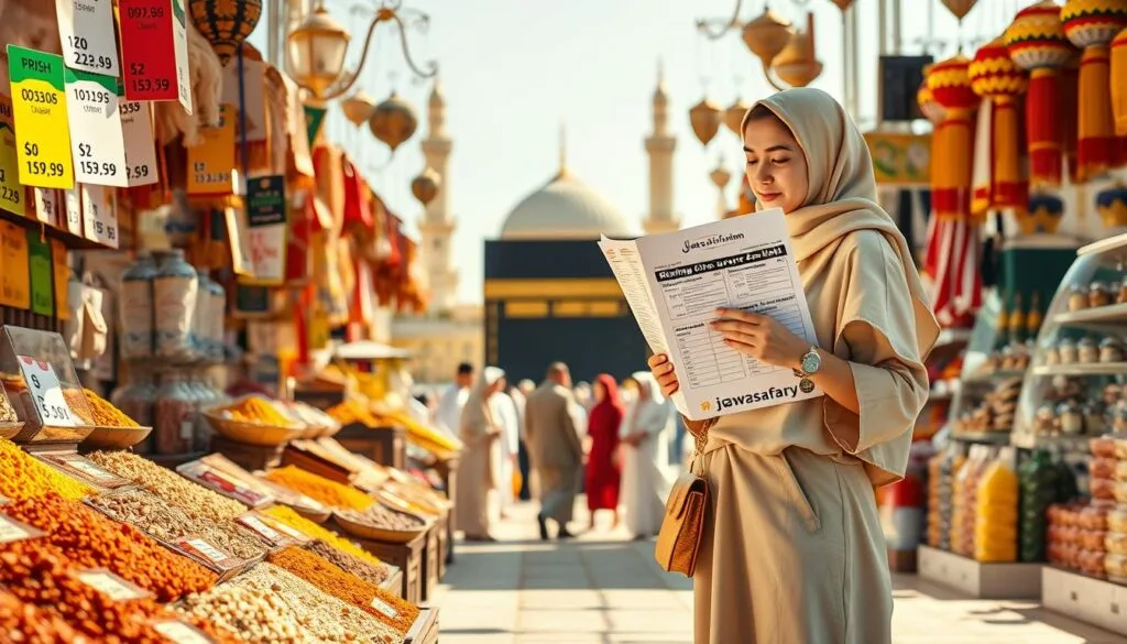 A scene depicting a serene figure of a woman in modest casual clothing, holding a travel itinerary for a budget-friendly Umrah, standing in a vibrant marketplace filled with various displays of items representing rising prices, such as price tags and charts showing inflation. In the foreground, colorful spices and textiles reflect traditional Middle Eastern culture. The middle ground features a family discussing travel options, appearing hopeful and engaged, while the background showcases iconic landmarks of Mecca, subtly hinting at the journey ahead. The lighting is warm and inviting, reminiscent of a sunny day, creating an optimistic atmosphere. The image conveys careful planning and economic strategy for pilgrimage in 2026, with the brand name "jawazsafary" subtly integrated into the scene design. A scene depicting a serene figure of a woman in modest casual clothing, holding a travel itinerary for a budget-friendly Umrah, standing in a vibrant marketplace filled with various displays of items representing rising prices, such as price tags and charts showing inflation. In the foreground, colorful spices and textiles reflect traditional Middle Eastern culture. The middle ground features a family discussing travel options, appearing hopeful and engaged, while the background showcases iconic landmarks of Mecca, subtly hinting at the journey ahead. The lighting is warm and inviting, reminiscent of a sunny day, creating an optimistic atmosphere. The image conveys careful planning and economic strategy for pilgrimage in 2026, with the brand name "jawazsafary" subtly integrated into the scene design.